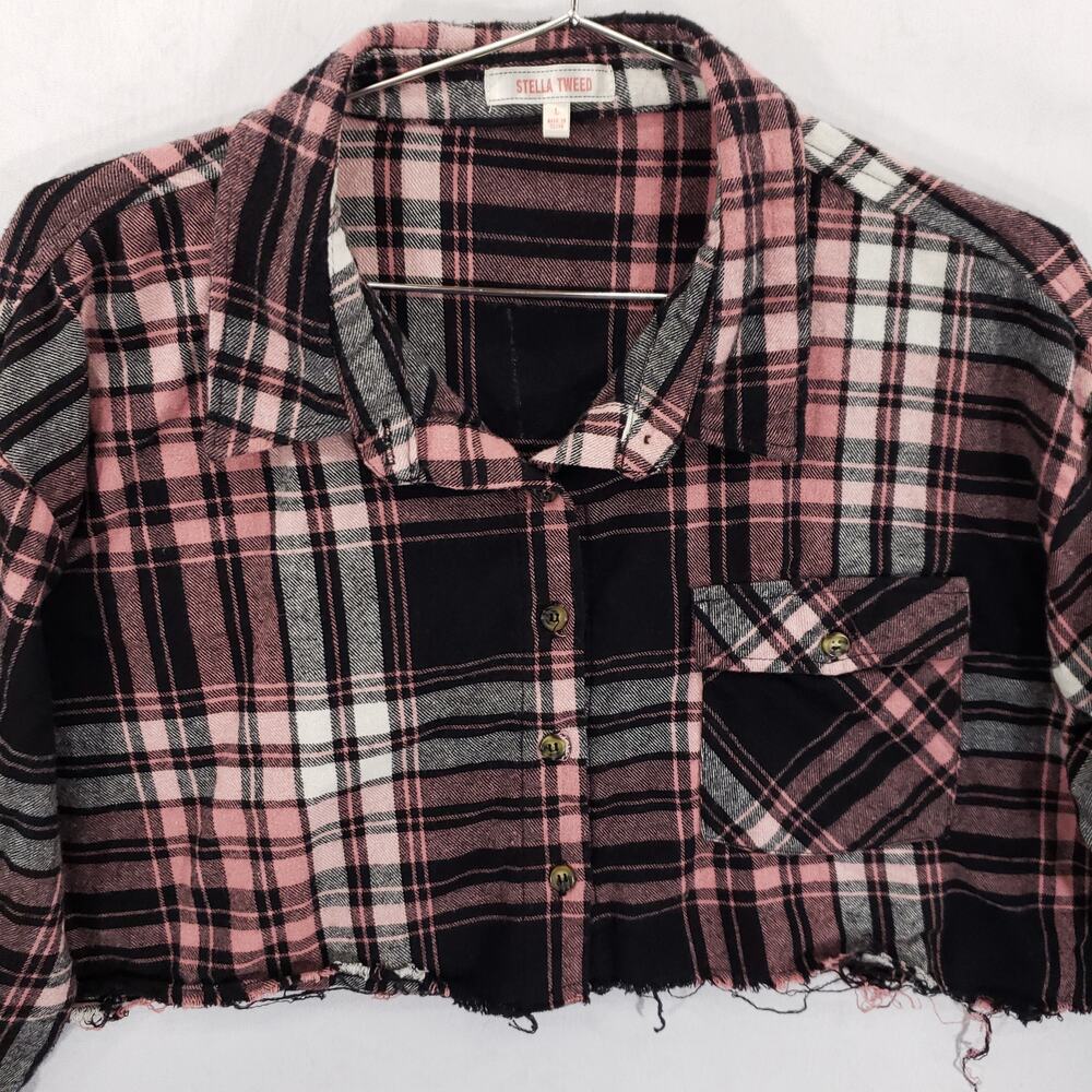 Stella Tweed Cropped Flannel Womens Large Pink Plaid MOOD Frayed Hem Button Up - Picture 4 of 6